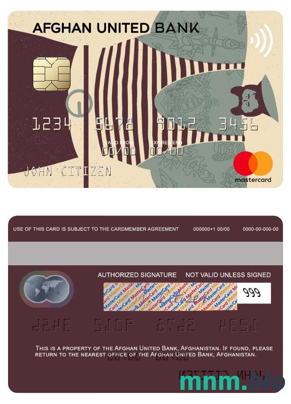 Afghanistan Afghan United Bank przykład karty mastercard w formacie PSD